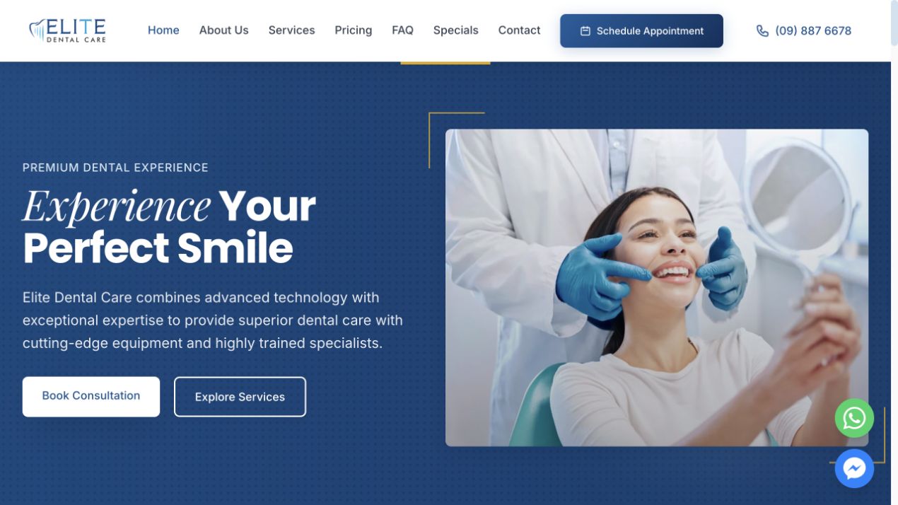 Elite Dental Care homepage with premium dental service messaging and online appointment booking